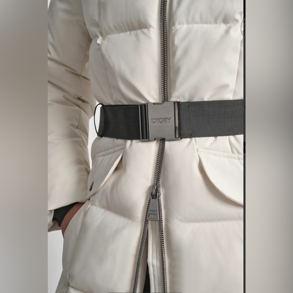 ❄️ NWT DKNY Cream Long Heavyweight Bomber Puffer Parka Down Filled Coat Jacket - Picture 4 of 9